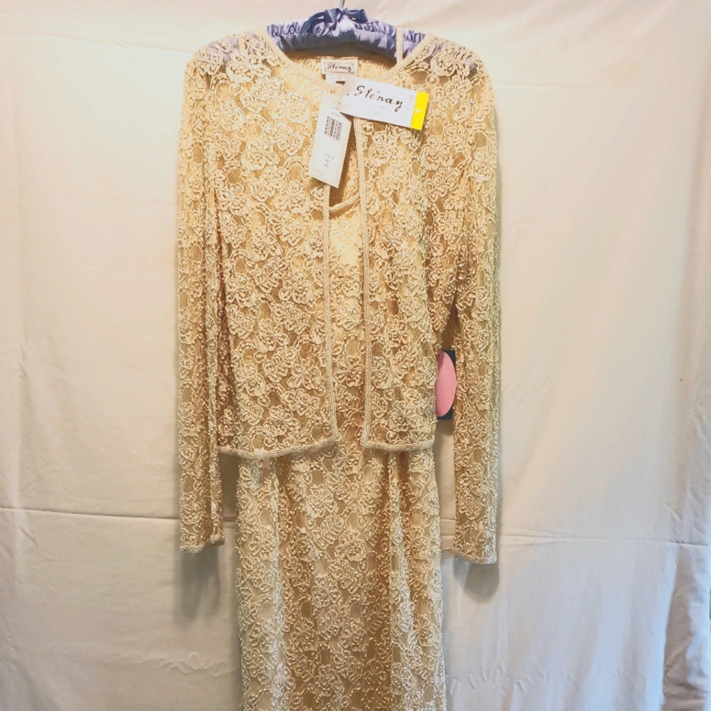 Stenay Cream Beaded Gown w/LS Cardigan Jkt